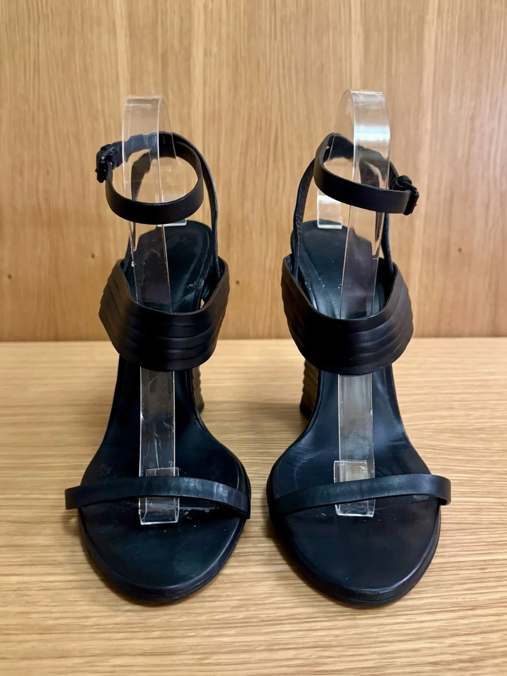 Bottega Veneta Black Leather Wrap-Around Wedge Sandals